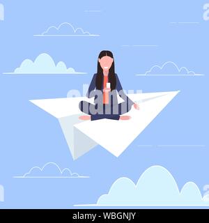 woman flying on paper airplane smiling girl using smartphone traveling digital addiction web surfing concept flat full length vector illustration Stock Vector