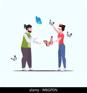 man looking at woman wearing digital glasses girl touching vr flying butterfly from smartphone screen headset vision virtual reality technology Stock Vector