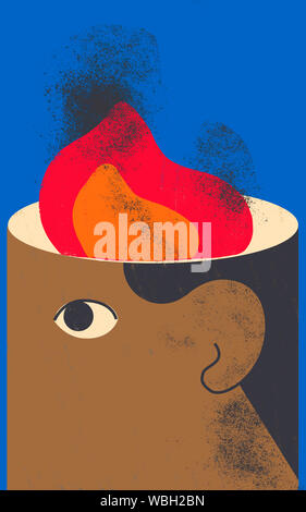 Human head with flames above. Suffering anxiety and panic disorder. Conceptual illustration. Colorful. Stock Photo