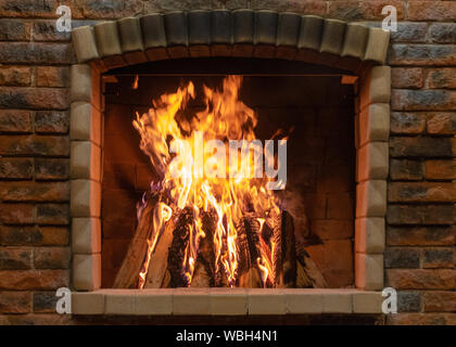Close up photo of flames in wood burning oven Stock Photo