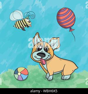 Vector illustration of a Corgi animal dog playing in the clearing on the grass among flowers and toys on a textured background Stock Vector