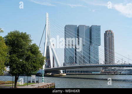 Rotterdam. De Erasmusbrug met daarachter het door Rem Koolhaas ontworpen gebouw De Rotterdam. Foto: Gerrit de Heus. The Netherlands. Rotterdam. The Er Stock Photo