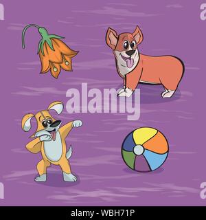 Vector illustration of a Corgi animal dog playing in the clearing on the grass among flowers and toys on a textured background Stock Vector