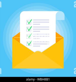 Open envelope with document paper sheet page check mark tick text icon sign vector checklist. Symbol of email confirmation, delivery, verification fla Stock Vector