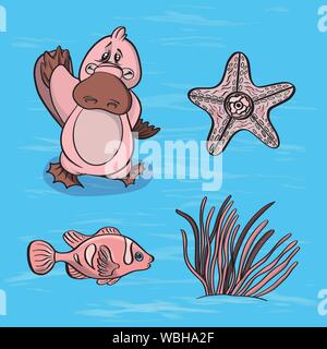 Vector illustration characters sea inhabitants platypus and mollusks with algae on a textured background Stock Vector