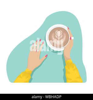 Women's hands with coral manicure and rings holding a Cup of cappuccino. Flat vector illustration. Stock Vector