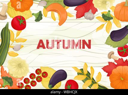 The Autumn poster with fallen leaves and the harvest of vegetables. White wooden background. Vector flat background. Stock Vector