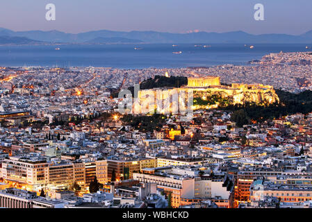 Acropolis at night in Athens from hill Lycabettus, Greece Stock Photo