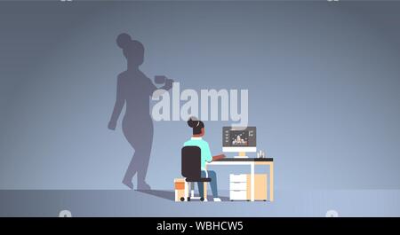 african american woman architect sitting at workplace overworked engineer dreaming about coffee break shadow of girl with cup imagination aspiration Stock Vector