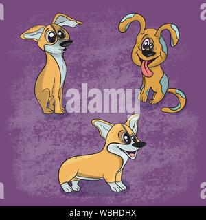 Vector illustration of a Corgi animal dog playing in the clearing on the grass among flowers and toys on a textured background Stock Vector