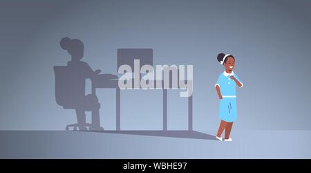 african american girl dreaming about being freelancer shadow of woman working on computer at workplace imagination aspiration concept female cartoon Stock Vector