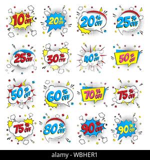 Comic lettering percents off SALE in the speech bubble comic style flat design set. Retro vintage pop art illustration isolated on white background. E Stock Vector