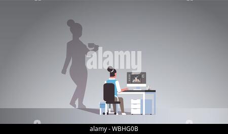 overworked woman architect sitting at workplace busy engineer dreaming about coffee break shadow of girl with cup imagination aspiration concept Stock Vector