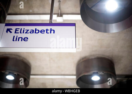 An information board for the new Elizabeth Line at Tottenham Court Road station in London as the latest developments in the Crossrail project continue to progress. Stock Photo