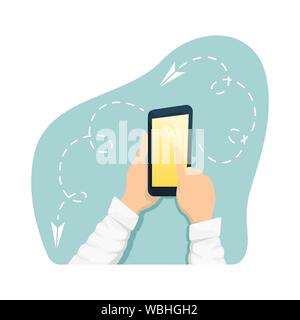 A man holding a smartphone. Modern gadgets. Isolated flat vector illustration. Stock Vector