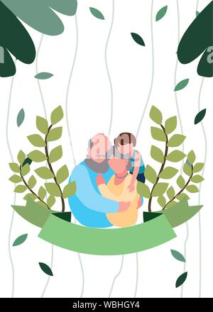 grandpa and grandma hugging with grandson foliage leaves ribbon, happy grandparents day vector illustration Stock Vector