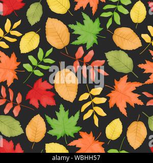 Autumn seamless pattern with fallen leaves on the black background. Flat vector background Stock Vector