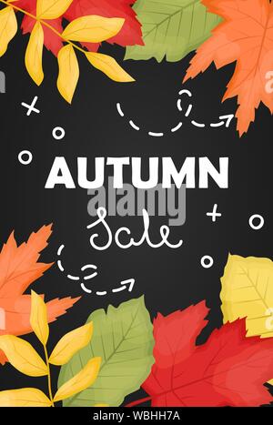 The Autumn Sale Poster with fallen leaves and dark background. Vector flat background. Stock Vector