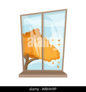 Atmospheric autumn window in a cartoon style. Cozy autumn days. Golden autumn. Flat vector illustration. Stock Vector