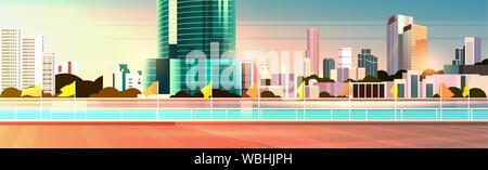 city skyline modern skyscrapers fence and river against cityscape sunset background flat horizontal banner Stock Vector