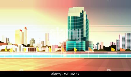 city skyline modern skyscrapers fence and river against cityscape sunset background flat horizontal banner Stock Vector