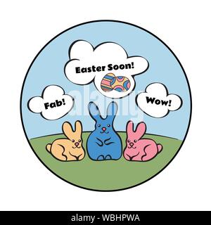 Round composition depicting three rabbits on the lawn. They're thinking about Easter. Vector illustration EPS10 Stock Vector