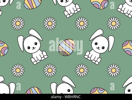 Seamless pattern dedicated to Easter with the image of rabbits, painted eggs and chamomiles. Colorful illustration. EPS 10 Stock Vector