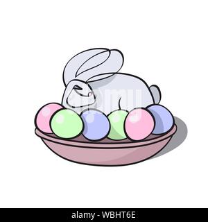 Rabbit sitting in a basket with Easter eggs. Picture isolated on white background. Multi-colored vector illustration. EPS10 Stock Vector