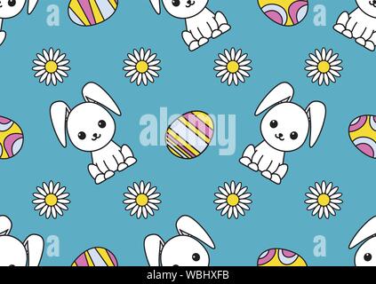 Seamless pattern dedicated to Easter with the image of rabbits, painted eggs and chamomiles. Colorful illustration. EPS 10 Stock Vector