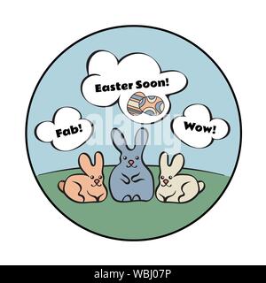 Round composition depicting three rabbits on the lawn. They're thinking about Easter. Vector illustration EPS10 Stock Vector