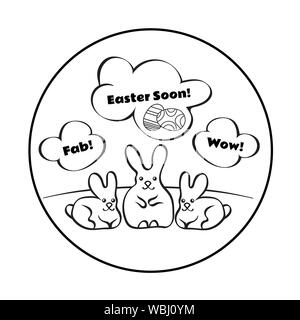 Round composition depicting three rabbits on the lawn. They're thinking about Easter. Vector illustration EPS10 Stock Vector