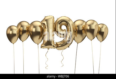 19th birthday gold balloon background. Happy Birthday. 3D Rendering Stock Photo