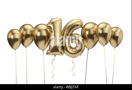 16th birthday gold balloon background. Happy Birthday. 3D Rendering Stock Photo