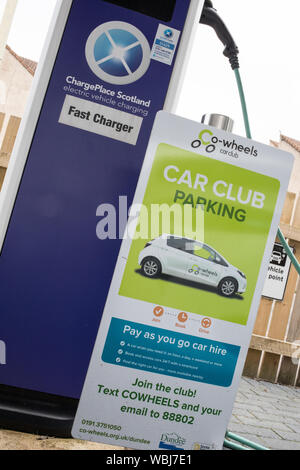 Drivers charge their Electric and Hybrid vehicles at the Princes Street Electrical Charging Station, one of three such stations in the city, in Dundee, Scotland, on 14 August 2019. Stock Photo