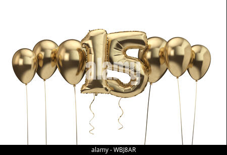 15th birthday gold balloon background. Happy Birthday. 3D Rendering Stock Photo