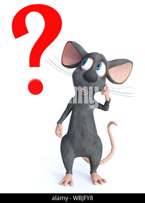 3D rendering of a cute smiling cartoon mouse looking like he is thinking about something. A big red question mark is beside him. White background. Stock Photo