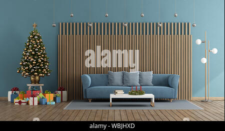 Blue living room with elegant sofa,Christmas tree and gift - 3d rendering Stock Photo