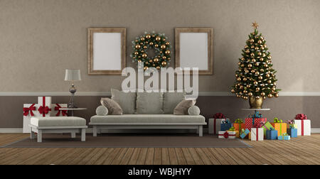 Living room in classic style with sofa, Christmas tree and gift - 3d rendering Stock Photo