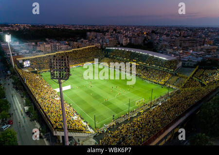 Thessaloniki, Greece, August 25, 2019: Aerial shot of the Kleanthis Vikelidis Stadium full of fans during a football match the UEFA Europa League betw Stock Photo