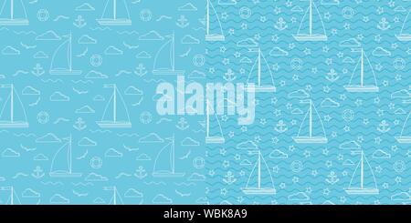 Blue and white line art vector seamless marine pattern set Stock Vector