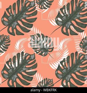 Tropical leaf design featuring navy Palm and blue Monstera plant leaves on a pink background. Seamless pattern. Stock Vector
