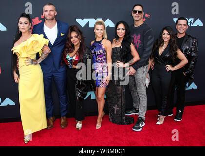 Newark, United States. 26th Aug, 2019. NEWARK, NEW JERSEY, USA - AUGUST 26: Jenni 'JWoww' Farley, Clayton Carpinello, Nicole 'Snooki' Polizzi, Lauren Sorrentino, Amy Paffrath, Angela Pivarnick and Deena Nicole Buckner of Jersey Shore arrive at the 2019 MTV Video Music Awards held at the Prudential Center on August 26, 2019 in Newark, New Jersey, United States. (Photo by Xavier Collin/Image Press Agency) Credit: Image Press Agency/Alamy Live News Credit: Image Press Agency/Alamy Live News Stock Photo