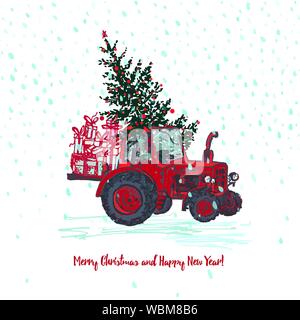 Festive New Year and Merry Christmas card. Red tractor with fir tree decorated red balls and holiday gifts White snowy seamless background Stock Vector