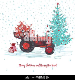 Festive New Year and Merry Christmas card. Red tractor with fir tree decorated red balls and holiday gifts White snowy seamless background Stock Vector
