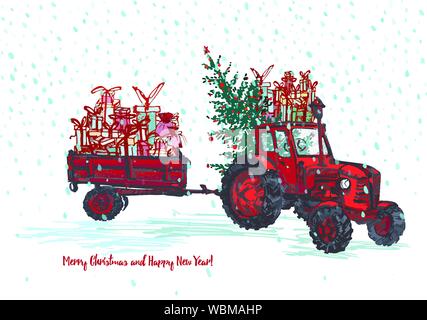 Festive New Year and Merry Christmas card. Red tractor with fir tree decorated red balls and holiday gifts White snowy seamless background Stock Vector