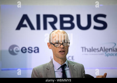 Dr Graham Turnock, Chief Executive of the UK Space Agency talks at a press conference as the European Space Agency's ExoMars rover is being prepared to leave Airbus in Stevenage. The ExoMars 2020 rover, Rosalind Franklin, is EuropeÍs first planetary rover and it will search for signs of past or present life on Mars. Stock Photo