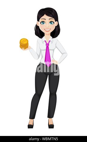 Young beautiful business woman holding bitcoins. Cute businesswoman cartoon character. Vector illustration isolated on white background Stock Vector