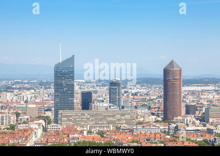 LYON, FRANCE - JULY 19, 2019: Aerial panoramic view of Lyon with the skyline of Lyon skyscrapers visible in background with the main towers of Tour in Stock Photo