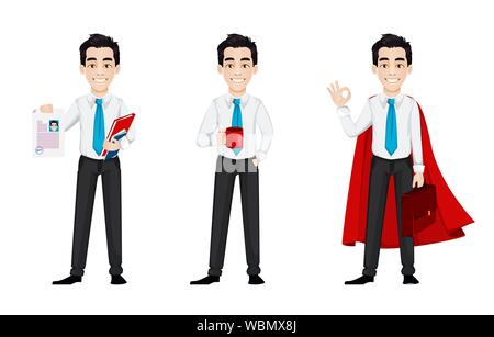 Young business man, set of three poses. Handsome businessman cartoon character holds resume, holds a cup of coffee and stands in superhero cloak. Vect Stock Vector