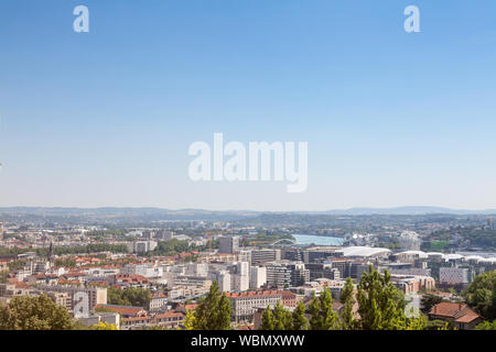 Aerial panoramic view of Lyon with the outskirts and suburbs of Lyon visible in background and Rhone river in the foregroud. Lyon is the second bigges Stock Photo